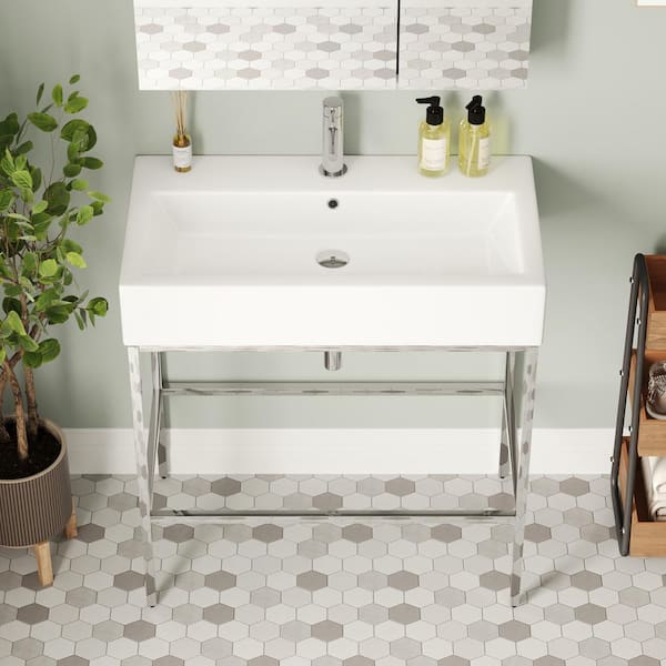 DEERVALLEY 32 in. L x 17 in. W White Ceramic Console Sink Basin and Stainless Steel Silver Legs Combo with Overflow Hole