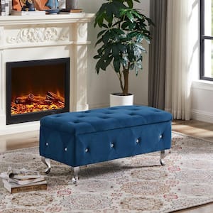 Blue 38.2 in Velvet Upholstered Bedroom Bench Flip Top Storage Ottoman Bench with Button Safety Hinge And Metal Legs