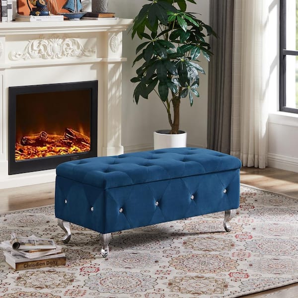 Unbranded Blue 38.2 in Velvet Upholstered Bedroom Bench Flip Top Storage Ottoman Bench with Button Safety Hinge And Metal Legs