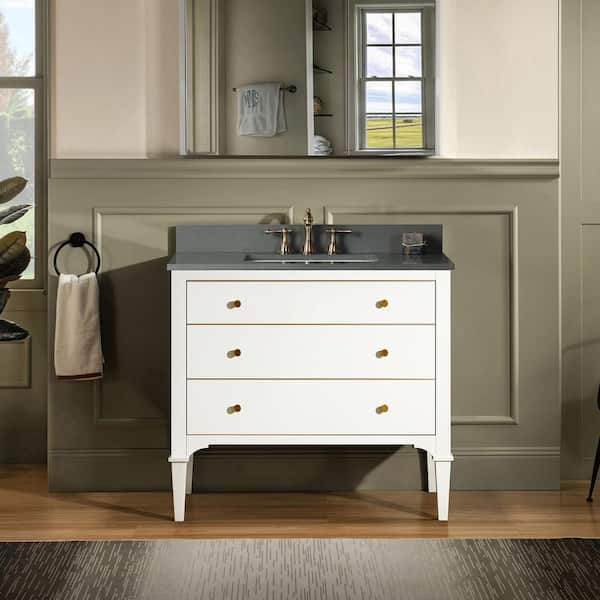 WOODBRIDGE Roma 37 in. W x 22 in. D x 34 in. H Bath Vanity in White with Engineered Stone Vanity Top in Dark Grey with White Basin