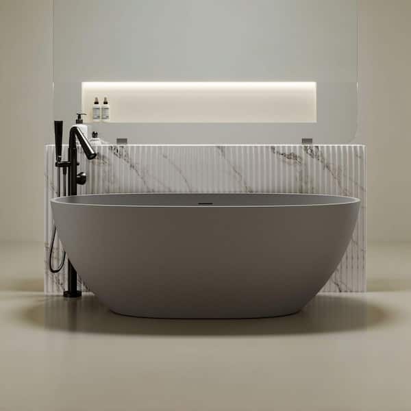 67 in. x 31 in. Solid Surface Stone Resin Flatbottom Freestanding Bathtub Soaking Bathtub in Starlight Gray