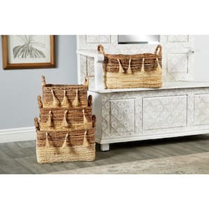 Rectangular Silk Wood and Banana Leaf Storage Wicker Baskets with Handles (Set of 3)