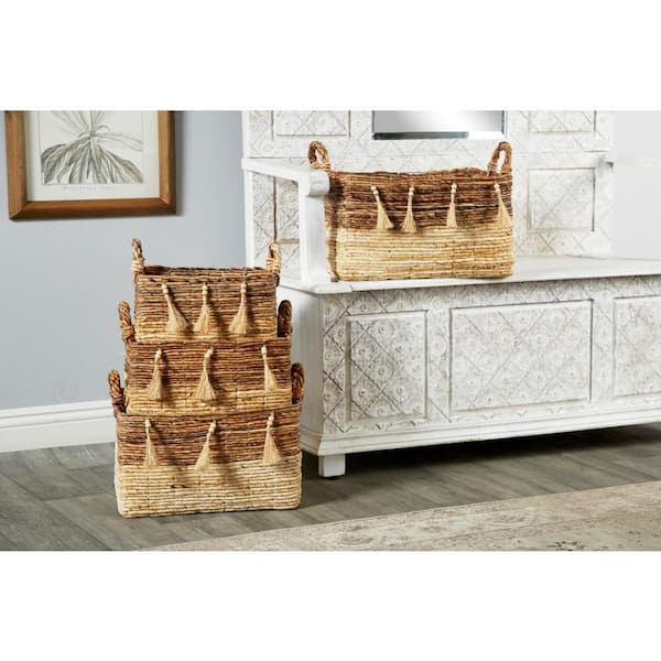 Rectangular Silk Wood and Banana Leaf Storage Wicker Baskets with Handles (Set of 3)