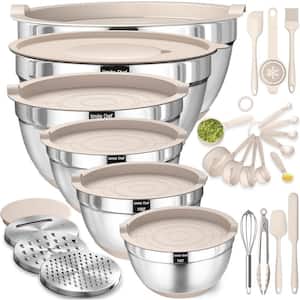 26-Pcs Stainless Steel Khaki Mixing Bowls Set with Airtight Lids and 3-Grater Attachments
