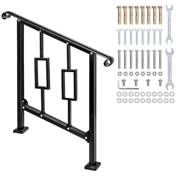 Wrought Iron Outdoor Handrail for 2-3 Steps Black Stair Railing for Concrete or Wooden Stairs, Weatherproof
