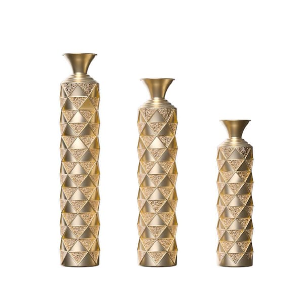26 in. 30 in. 34 in. Antique Gold Metal Decorative Vases with 3D Triangle Pattern for Home Decor (Set of 3)
