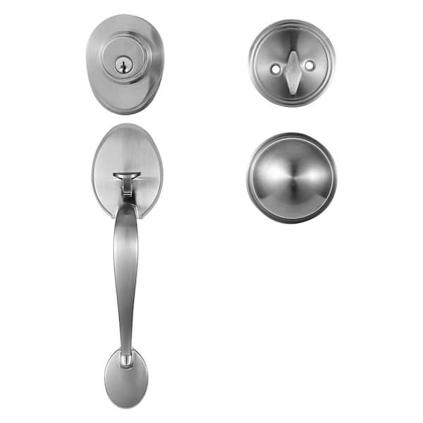 Satin Nickel Front Door Handle and Deadbolt Set w/ Interior Knob, Adjustable Hole Spacing Single Cylinder Door Handleset