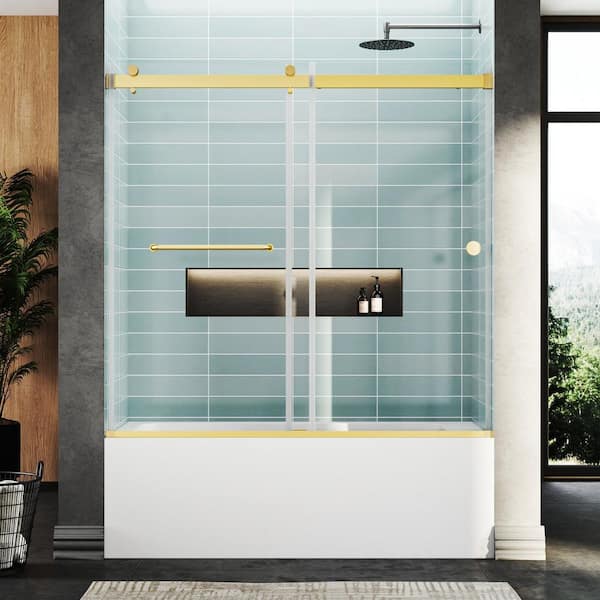 55 to 60 in. W x 56 in. H Sliding Frameless Tub Door in Brushed Gold with Explosion-Proof Film Tempered Clear Glass