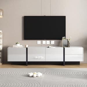 White TV Stand Fits TVs up 80 in. with High Gloss UV Surface, 2-Drawers and 3-Cabinets