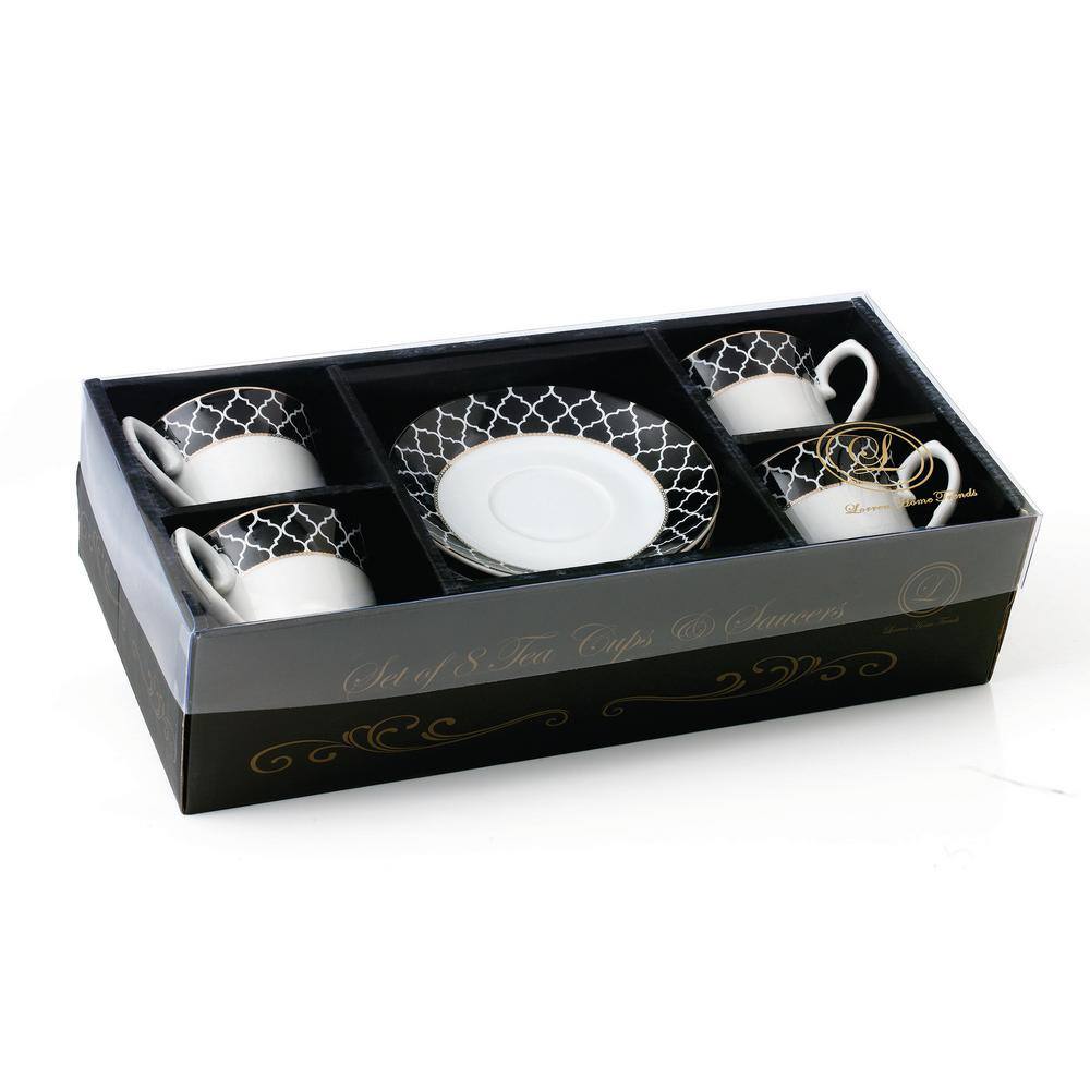 Elegant Black and Gold Porcelain Tea Cups and Saucers Set, 8 oz