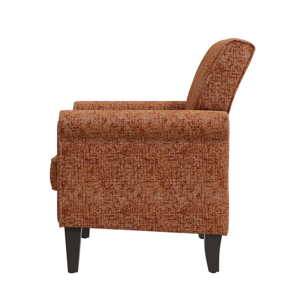 Side view of an accent chair upholstered in orange chenille fabric with nailhead trim.