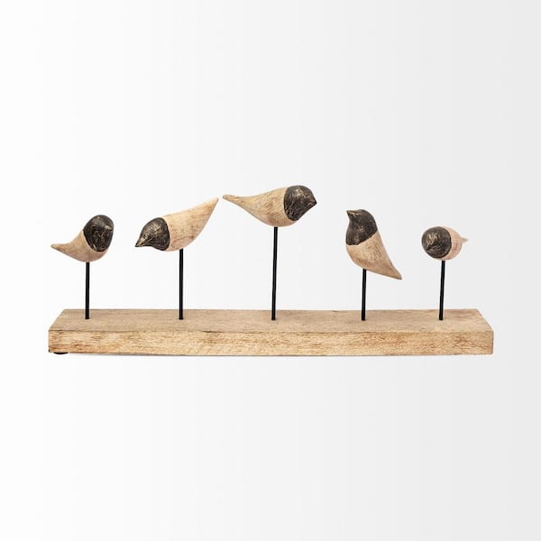 Mercana Yardley II five carved wooden birds on wooden display