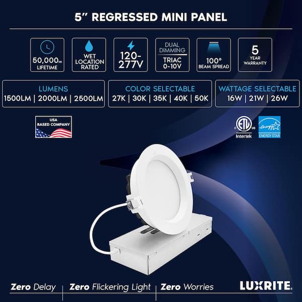 12-pack 5 in. Integrated LED Regressed Mini Panel light, 5CCT, 16/21/26W, 1500/2000/2500LM, Dual Dimmable, 100° Beam ETL