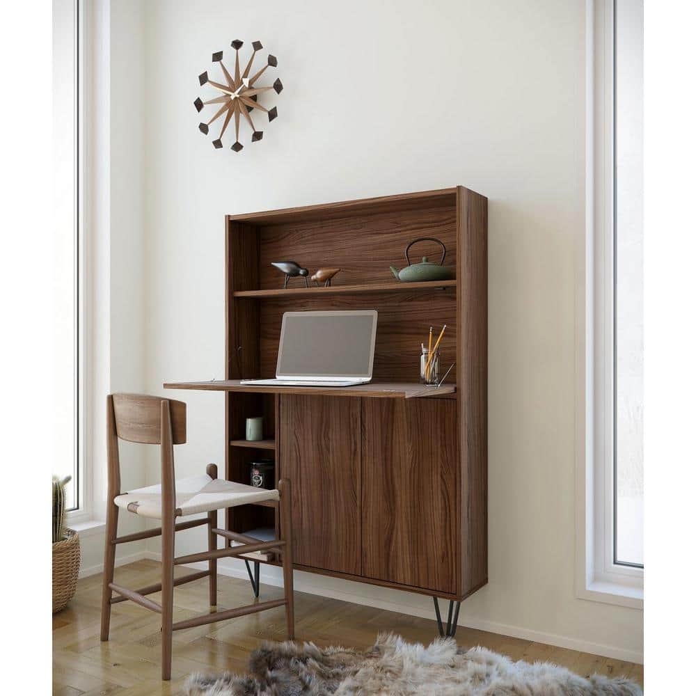 Slim Walnut Secretary Desk with Black Hairpin Legs and Filing Cabinet
