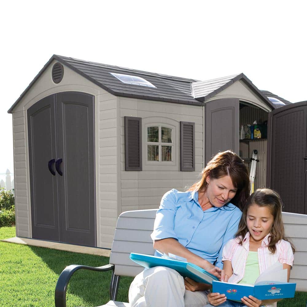 Beige Dual Entry 15' x 8' Outdoor Storage Shed with Windows