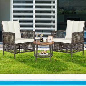 3-Piece Patio Rattan Furniture Set Cushioned Sofas Wood Table Top with Shelf in Off White