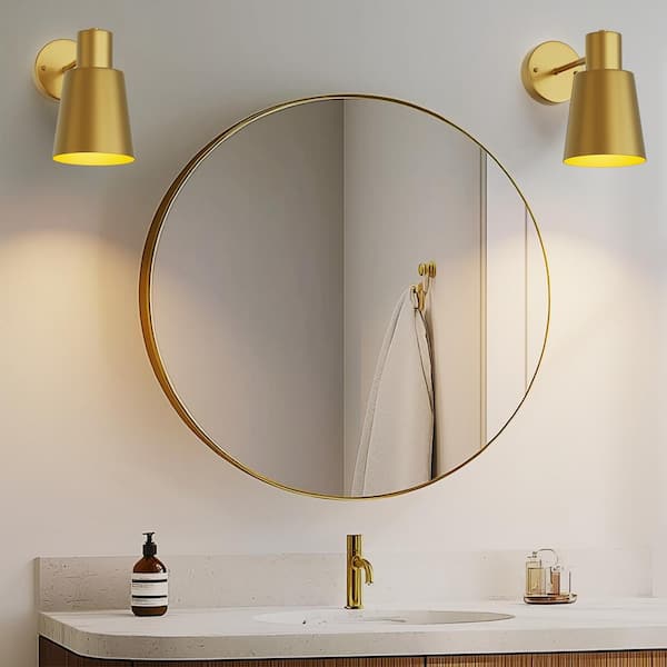 8 in. 2-Pack Gold Wireless Wall Sconces, Dimmable LED Wall Lights with Remote Control for Bathroom