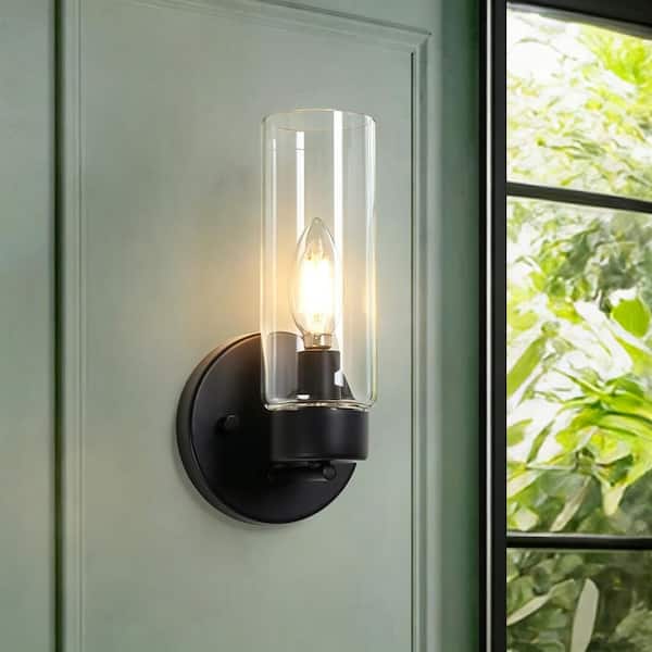 Fino Modern Matte Black 1-Light Wall Sconce 4.7 in. Bathroom Vanity Light with Cylinder Clear Glass Shade for Entryway