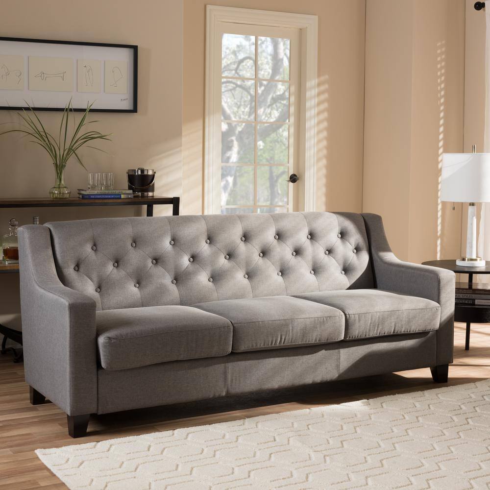 Arcadia 78'' Gray Fabric Tufted 3-Seater Sofa with Wooden Legs