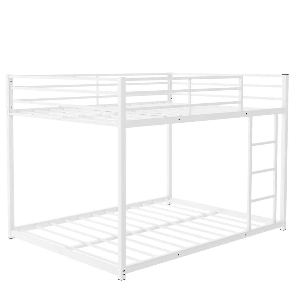 Full Over Full Metal Bunk Bed, Low Bunk Bed with Ladder - White