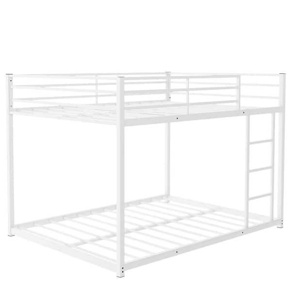 Full Over Full Metal Bunk Bed, Low Bunk Bed with Ladder - White