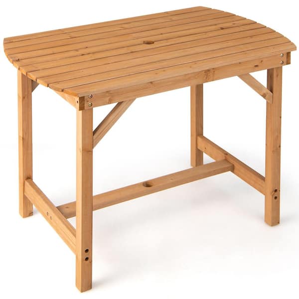 Unbranded Outdoor Rectangular Fir Wood Dining Table with Umbrella Hole, Natural