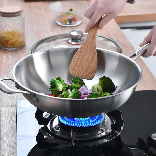 13 in. Stainless Steel Wok Pan Tri-Ply Clad Even Heat Dishwasher Oven Safe Detachable Handle Induction Cooking with Lid