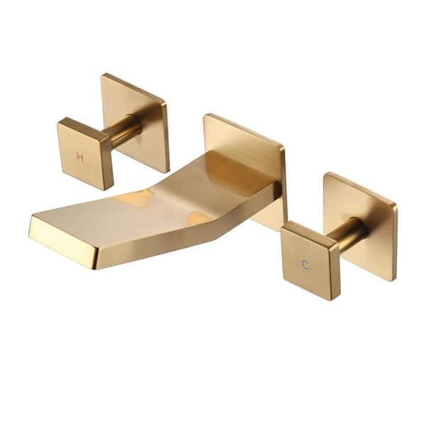 Modern Wall-Mounted Square Double-Handle Bathroom Faucet with Waterfall Spout in Brushed Gold