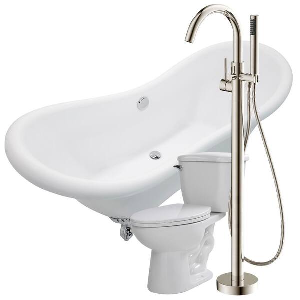 ANZZI Aegis 68.75 in. Acrylic Clawfoot Non-Whirlpool Bathtub in White with Kros Faucet and Kame 1.28 GPF Toilet