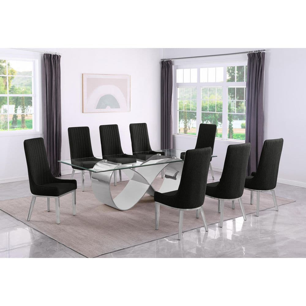Celia 9-Piece Clear Tempered Glass Top with Stainless Steel Base Dining Set with 8 Black Fabric Chairs price history on PriceWatchPro