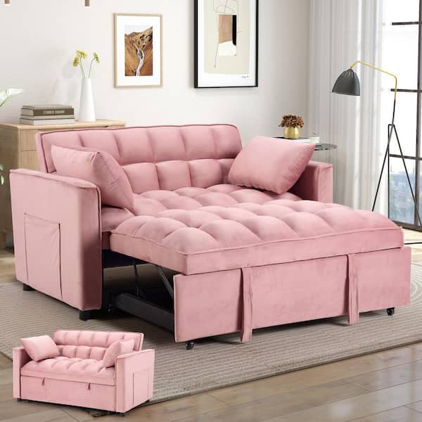 Bestier Loveseat 55.25 in. Pink Velvet Twin Size Sleep Sofa Bed With Adjustable Backrest and 2-Pillows