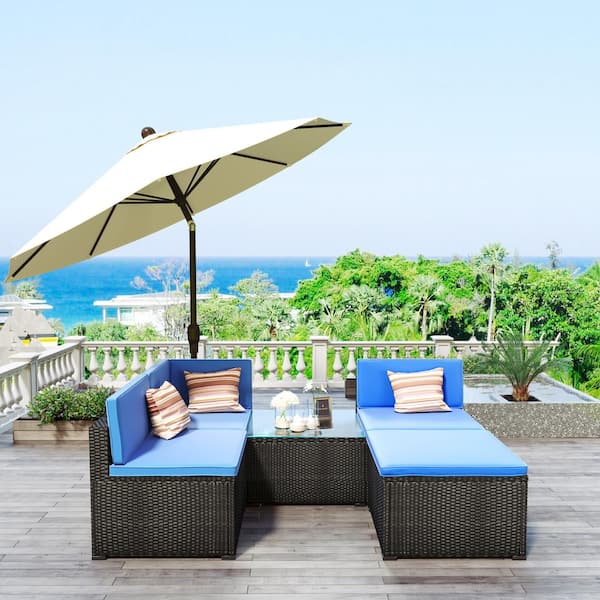 Afoxsos Black 5-Piece Wicker Outdoor Conversation Set with Blue Cushions, 2 Sofa Chairs, 1 Corner Chair, 1 Ottoman and 1Table