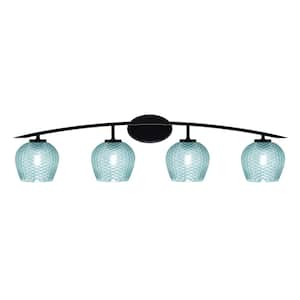 Siena 40 in. 4-Light Matte Black Vanity-Light with 6 in. Turquoise Textured Glass Shades No Bulbs Included