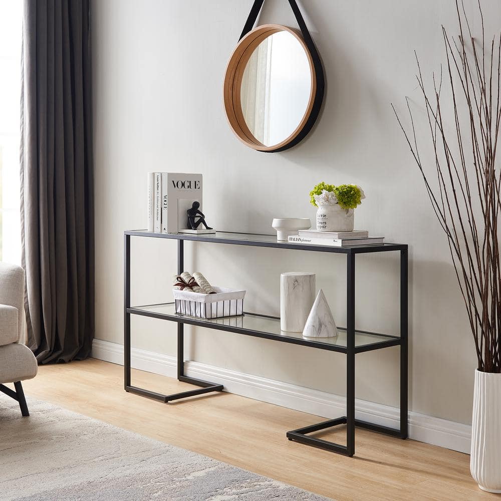 Blackened Bronze 55" Rectangular Console Table with Glass Shelf