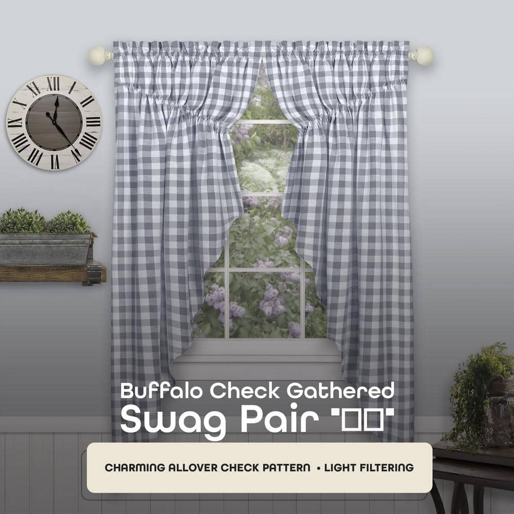 Gray Buffalo Check Light Filtering Cotton Polyester Swag Curtains, 63 x 72