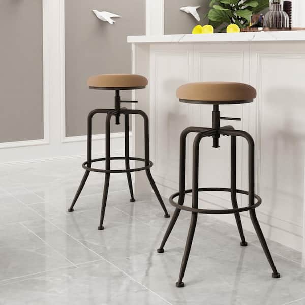 Homy Casa Ana 28.5-31.5 in. Adjustable Height Brown Backless Metal Frame Swivel Industrial BarStool with Fabric Seat(Set of 2)