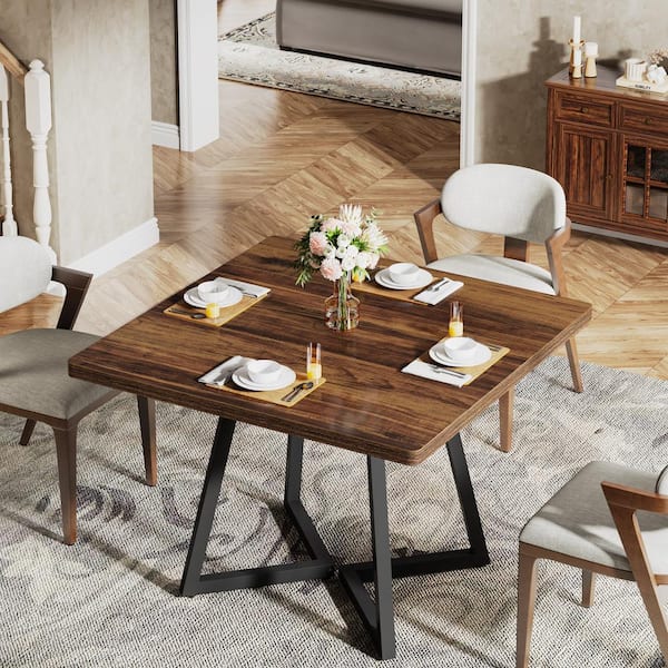 Lesley Industrial Brown Wood 31.5 in. Pedestal Dining Table with Metal Base, Wood Kitchen Table for Dining Room Seats 4