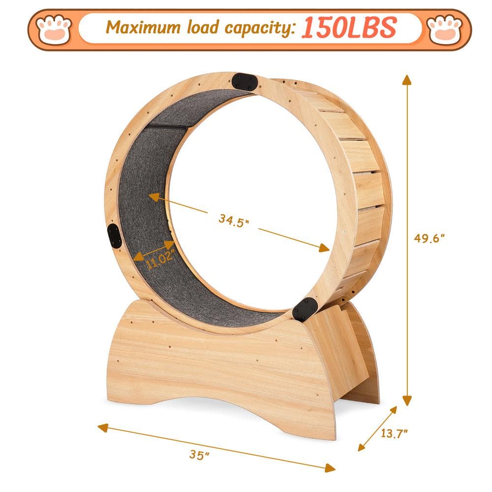Natural Wood and Carpeted Cat Exercise Wheel with Detachable Blanket