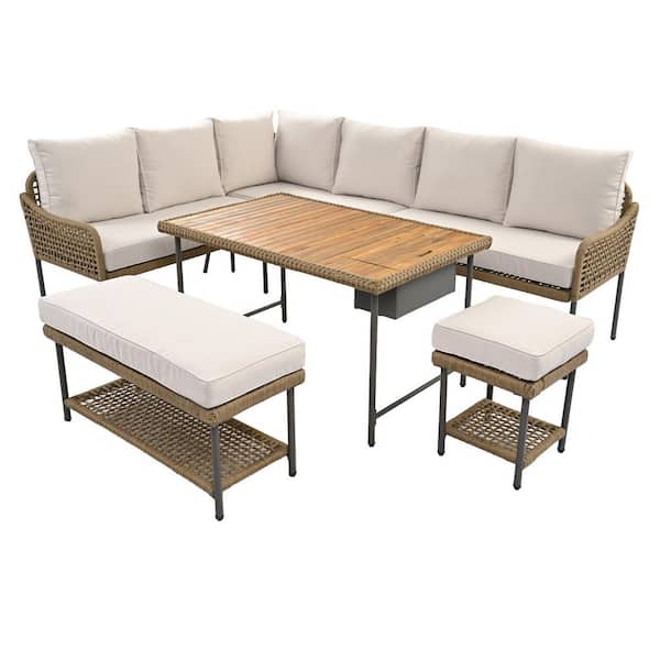 KandK 6-Piece Rope Patio Conversation Sectional Set with Acacia Wood Table and Beige Cushions