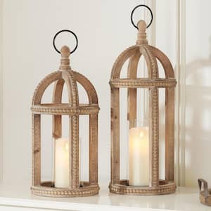 Antiqued Wood Candle Hanging or Tabletop Lantern with Beaded Trim (Set of 2)