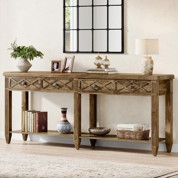 BYBLIGHT Turrella 70.87 in. Extra Long Vintage Brown Console Table with 4-Drawer, 2-Tier Rectangle Wood Console Table
