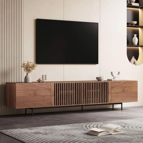 94.48 in. Walnut Color Mid Century Modern TV Stand with Louvered Cabinet Doors Fits TV's up to 100 in.