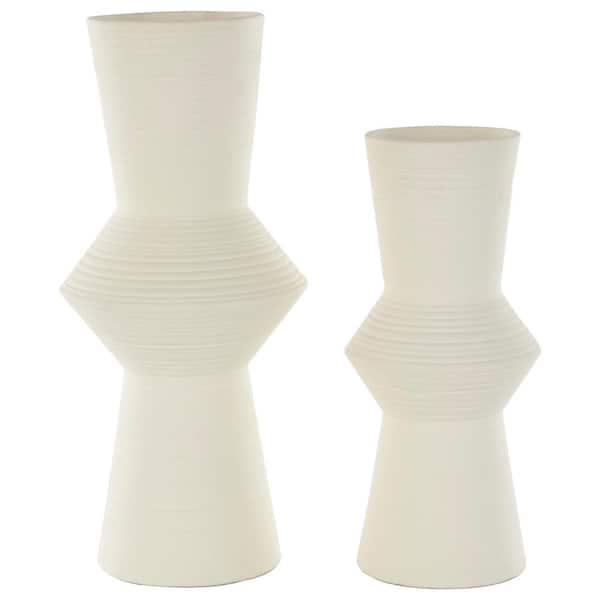 Litton Lane White Ribbed Cone Shaped Ceramic Decorative Vase (Set of 2)