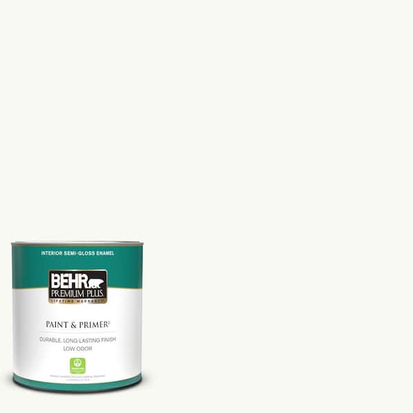 BEHR PREMIUM PLUS 1 qt. #PR-W15 Ultra Pure White Semi-Gloss Enamel Low Odor Interior Paint & Primer