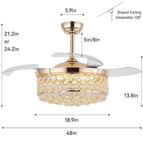Surtime 48 in. Modern Indoor Downrod Mount Gold Crystal Ceiling