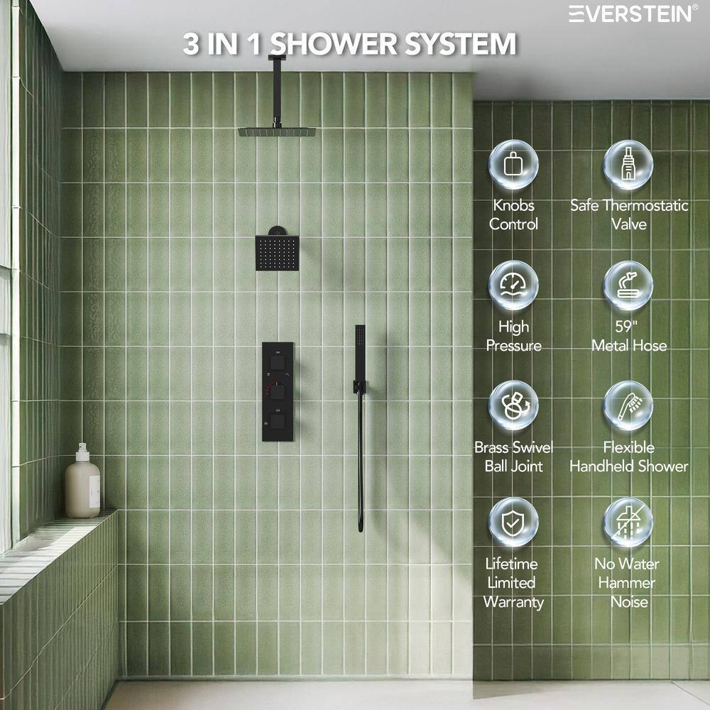 Matte Black 12" Ceiling Mounted Rainfall Shower System with Jets