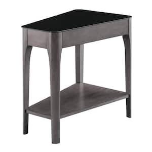 Obsidian 24 in. Smoke Gray Wedge Table with Shelf and Black Glass Top