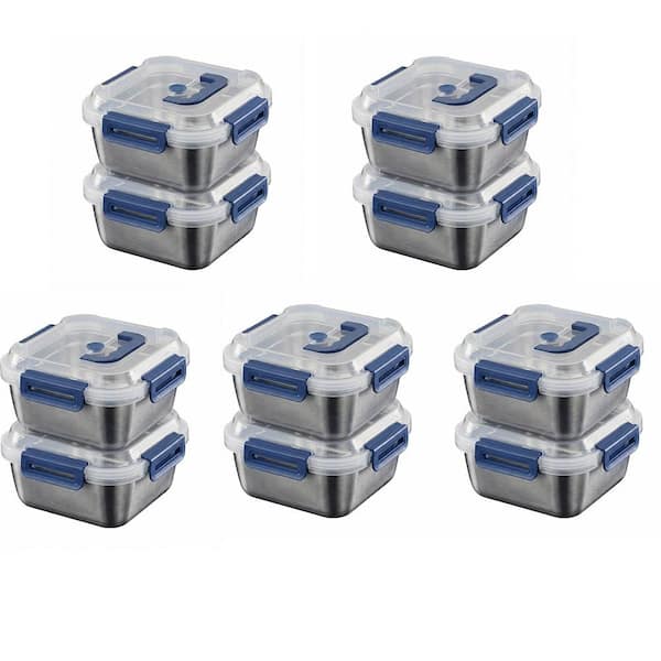 10PCS Extra Large Stainless Steel Food Storage Containers Airtight Blue Lids for Kitchen Organization