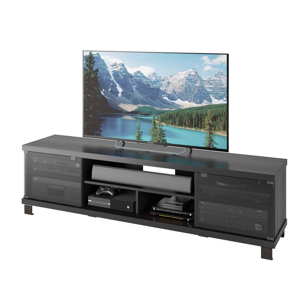 Ravenwood Black Extra-Wide TV Bench with Glass Doors, Fits Up to 80" TVs