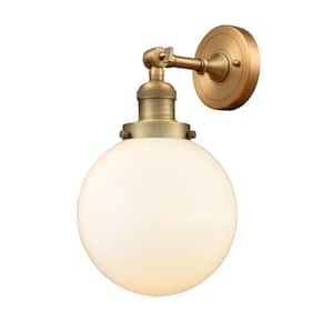 Beacon 1-Light Brushed Brass Wall Sconce with Matte White Glass Shade